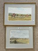 TWO HUNTING SCENE WATERCOLOURS BY H GREENWOOD, 48X30 CMS.