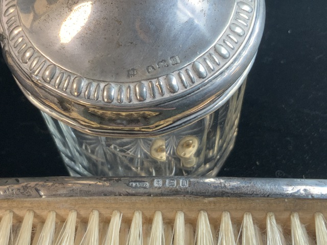 A HALLMARKED SILVER RING TREE, HALLMARKED SILVER PIN TRAY, SILVER TOP JAR AND THREE SILVER BACK - Image 6 of 7