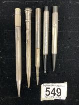 FIVE SAMPSON MORDAN SILVER AND WHITE METAL PENCILS.