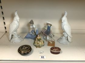 PAIR OF PARIANWARE FIGURES OF COCKATOO'S, 26 CMS, LLADRO FIGURE OF FLOWER GIRL. NAO FIGURE,