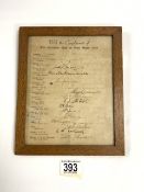 A 1948 TWENTIETH AUSTRALIAN CRICKET TEAM SHEET SIGNED BY THE PLAYERS INCLUDING DON BRADMAN, IN