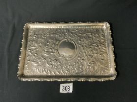 HALLMARKED SILVER HEAVY EMBOSSED TRAY DECORATED WITH FLOWERS, DATED 1903 BY A AND J ZIMMERMAN, 33