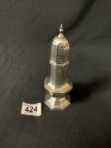 HALLMARKED SILVER OCTAGONAL BALUSTER SUGAR SIFTER; DATE 1939 BY EMILE VINER; 17CM; 164 GMS