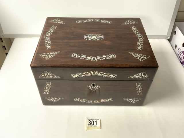 ROSEWOOD DECORATED WITH MOTHER OF PEARL JEWELLERY BOX, 30 X 22.5 CM