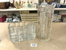 TWO 1960s MOULDED CLEAR GLASS VASES, 25 CMS.