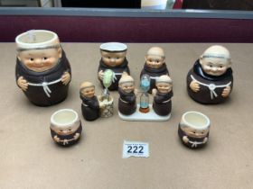 GOEBEL PORCELAIN MONK EGG TIMER, CONDIMENTS AND JUGS.