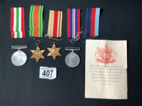WW2 MEDALS AND RIBBONS; 1939-45 STAR, ITALY STAR, DEFENCE MEDAL AND WAR MEDAL