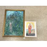 A WATERCOLOUR AND OIL PAINTING OF GARDEN SCENE, 49X70 CMS, AND MODERN BRIGHTON PRINT.