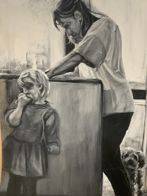 UNFRAMED CHARCOAL AND PASTEL DRAWING OF MOTHER AND CHILD AT KITCHEN COUNTER, 59X83 CMS. - Image 2 of 2