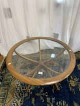 A CIRCULAR G PLAN TEAK AND GLASS TOP COFFEE TABLE, 90 CMS DIAMETER.