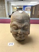 A CARVED WOODEN CHINESE HEAD, OF A LOHAN, CHING PERIOD, 20 CMS.