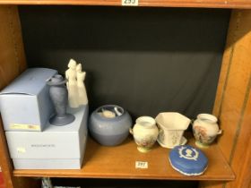 WEDGWOOD INTERIORS JASPER WARE ROSE BOWL AND CANDLESTICK, COALPORT FIGURE ' SISTERS ' , ETC.