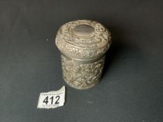 HALLMARKED SILVER LIDDED CONTAINER EMBOSSED WITH FLORAL DECORATION AND GILDED INTERIOR BY HENRY