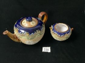 DOULTON AND SLATERS CIRCULAR TEAPOT WITH MATCHING SUGARBOWL WITH TUBE LINED FLORAL DECORATION TEAPOT