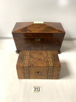 TWO ANTIQUE TEA CADDIES, ONE SARCOPHAGUS THE OTHER RECTANGULAR, BOTH A/F, LARGEST 29CM