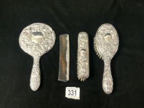 HALLMARKED SILVER EMBOSSED 4-PIECE DRESSING TABLE SET DATED 1979 BY W I BROADWAY AND CO