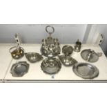 SILVER-PLATED CHAMBER STICK, EGG CRUET, PAIR BON BON DISHES AND OTHER PLATES.