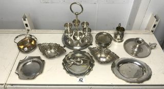 SILVER-PLATED CHAMBER STICK, EGG CRUET, PAIR BON BON DISHES AND OTHER PLATES.