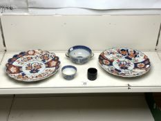 TWO IMARI CHARGERS, 30 CM, ENGLISH 18TH-CENTURY BLUE AND WHITE TWO-HANDLE SOUP BOWL, A TEA BOWL