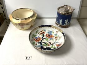 WEDGWOOD, JASPERWARE BISCUIT BARREL WITH PLATED MOUNTS, CARLTONWARE FRUIT BOWL WITH PLATED RIM AND