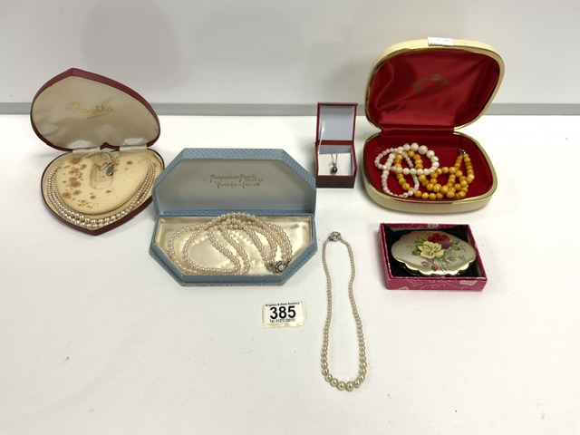 SIMULATED PEARL NECKLACES, VINTAGE COMPACT AND MORE.