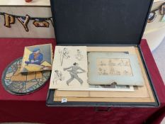 A FOLIO OF 3 X WATERCOLOURS, 3 X PRINTS & 1 X ETCHING