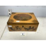 A VICTORIAN SATINWOOD JEWEL BOX WITH OVAL PRINTED RURAL SCENE DECORATION, 16X10 CMS.
