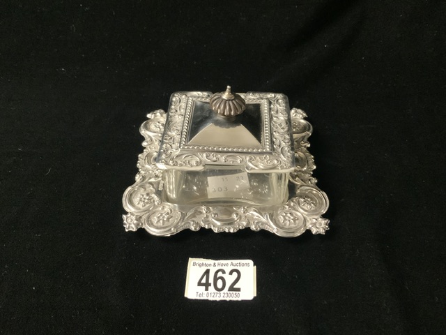 LATE VICTORIAN HALLMARKED SILVER EMBOSSED SQUARE BUTTER DISH AND COVER AND STAND DATED 1899 WIDTH