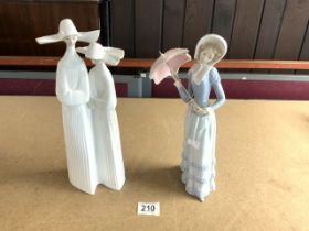LLADRO FIGURE OF TWO NUNS, AND LLADRO FIGURE OF LADY WITH PARASOLE.