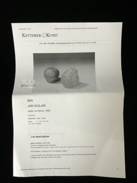 JIRI KOLAR - APPLE SCULPTURE COLLAGED WITH PRINTED PAPER. - Image 5 of 6