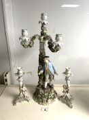 CONTINENTAL PORCELAIN FIGURAL THREE BRANCH CANDLEABRUM WITH FLORAL ENCRUSTED DECORATION, 54 CMS