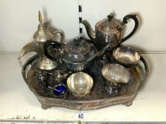 A FOUR-PIECE SILVER-PLATED TEA SET ON A SHAPED TRAY, AND TURKISH COFFEE POT AND A THAI METAL BOWL.
