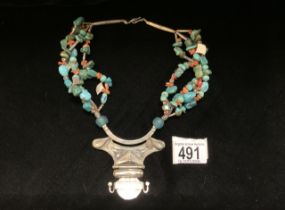 WHITE METAL DECORATED WITH TURQUOISE AND CORAL NECKLACE FROM NORTH AFRICA