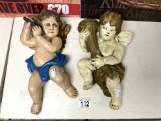 TWO ANTIQUE WALL MOUNTED CHERUBS MADE FROM PLASTER 31CM