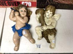 TWO ANTIQUE WALL MOUNTED CHERUBS MADE FROM PLASTER 31CM