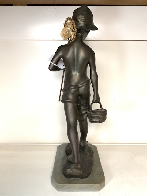 A BRONZE EFFECT COMPOSITE FIGURE OF A BOY WITH FISHING NET AND BASKET, 40 CMS. - Image 5 of 5