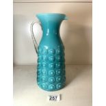 A TURQUOISE GLASS PITCHER JUG BY - STELVIA GLASS, 26 CMS.