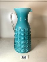 A TURQUOISE GLASS PITCHER JUG BY - STELVIA GLASS, 26 CMS.