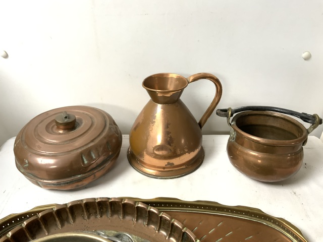 FIVE VICTORIAN COPPER JELLY MOULDS, A BRASS AND COPPER GALLERIED TRAY, COPPER HORN AND OTHER - Image 2 of 6
