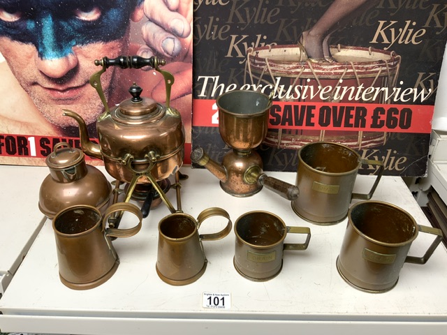 THREE VICTORIAN COPPER AND BRASS GRAIN MEASURES & A VICTORIAN COPPER COFFEE PERCULATER.