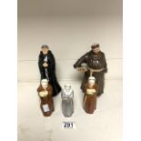 FIVE CERAMIC MONKS INCLUDES ROYAL WORCESTER, ROYAL DOULTON AND A MONK & CO LARGEST 19CM