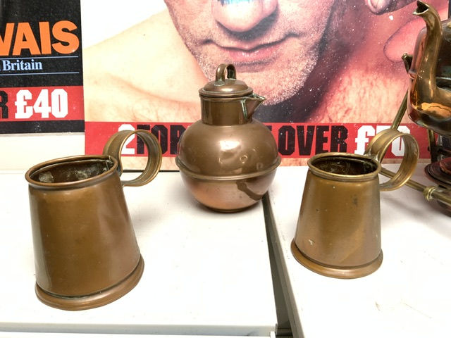 THREE VICTORIAN COPPER AND BRASS GRAIN MEASURES & A VICTORIAN COPPER COFFEE PERCULATER. - Image 4 of 5