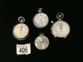 A HEUER STOP WATCH, A SMITHS STOP WATCH AND TWO POCKET WATCHES.