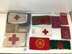 RED CROSS AND MILITARY ARM BANDS WITH A WW11 MILITARY FIRST AID KIT