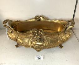 ORNATE FRENCH ORMOLU TWO HANDLE JARDINERE ON SCROLL FEET, 41X20X14 CMS.