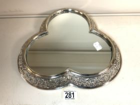 SILVER-PLATED CLOVER-SHAPED MIRROR POSSIBLY CONVERTED FROM AN EPERGNE/DECANTER STAND 36 X 32CM
