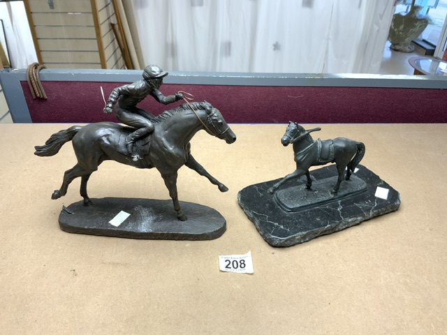 COMPOSITE FIGURE OF JOCKEY ON RACEHORSE AND SMALL SPELTER FIGURE OF HORSE.