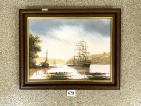 KEN HAMMOND OIL ON CANVAS OF SHIPS SIGNED AND FRAMED 49 X 39 CM