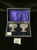 PAIR EDWARDIAN HALLMARKED SILVER AND CUT GLASS PEDESTAL SALTS DATED 1909 BY WILLIAM VALE AND SONS (