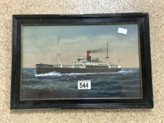 UNSIGNED PAINTING ON FABRIC OF A STEAMER SHIP CALLED LA ROSARINA FRAMED AND GLAZED 41 X 28CM